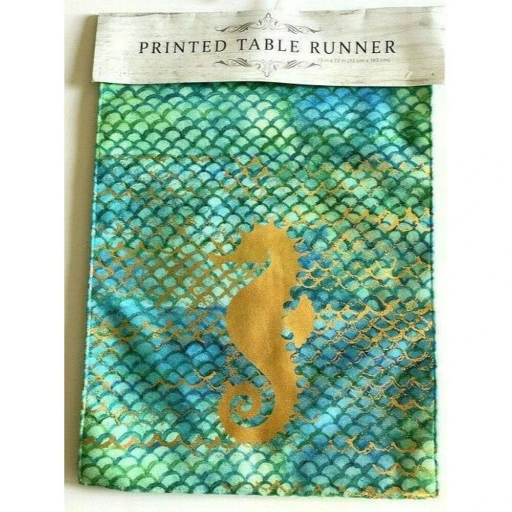 Seahorse Table Runner Blue Green Gold Beach Summer House Patio Nautical 13x72